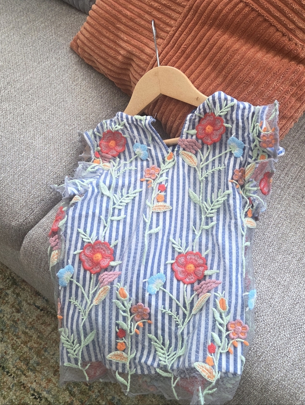 Floral Embroidered Blue Striped Girls' Top